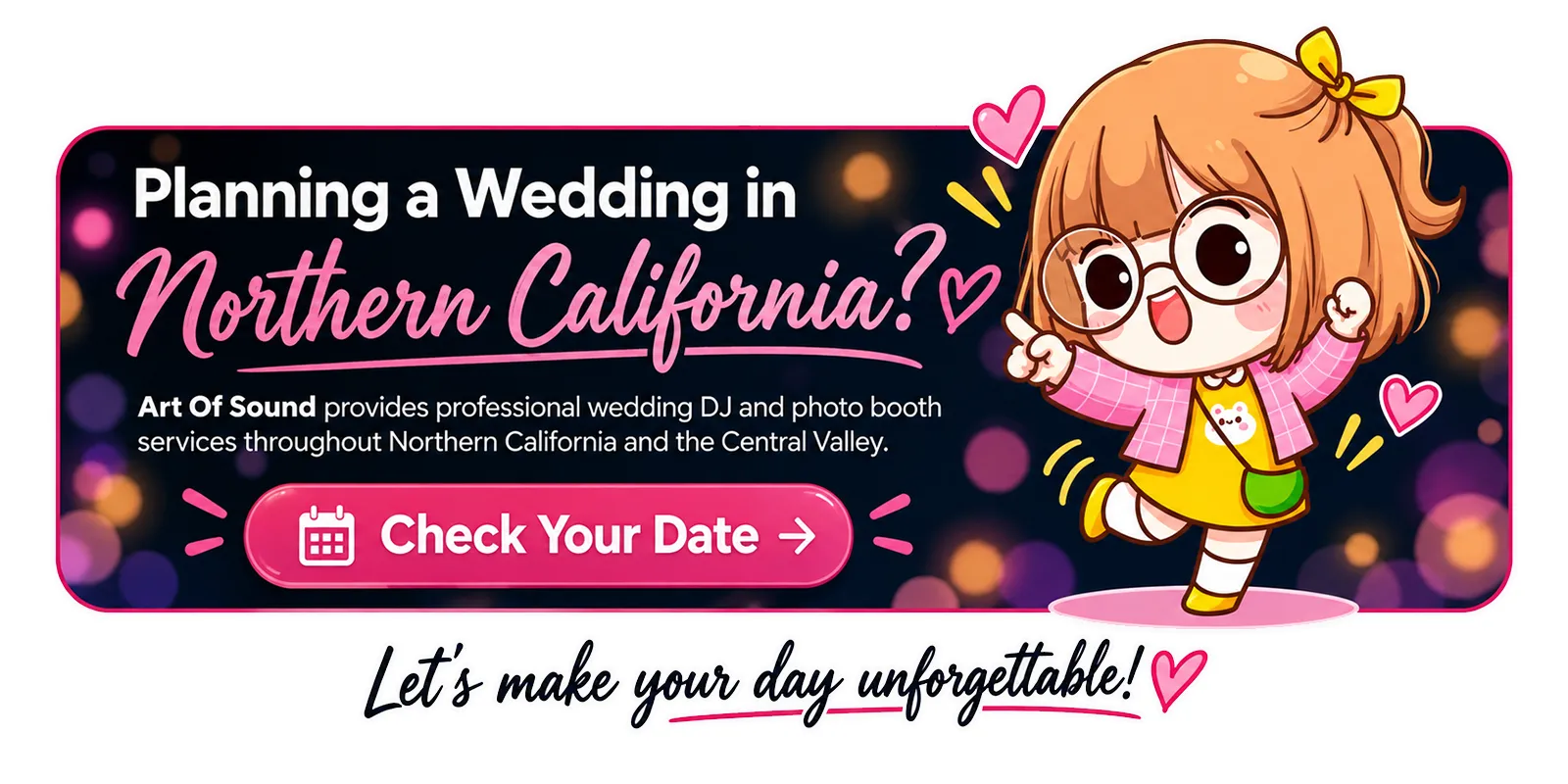 Planning a wedding in Northern California? Art Of Sound provides professional wedding DJ and photo booth services throughout Northern California and the Central Valley. Check your date.